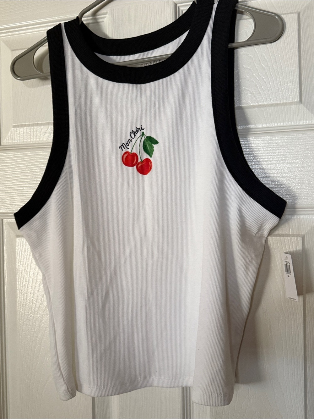 Mon Cheri White Ribbed Tank with Black Trim and Cherry